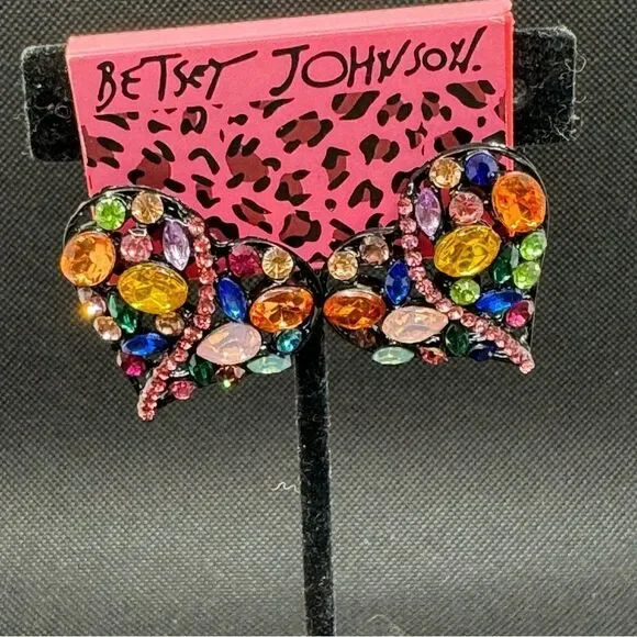 EARRINGS! Betsey Johnson Heart Multi-Color Gemstone Earrings BNWT - Picture 2 of 5